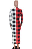 Yellow-red OL Cap Sleeve Long Sleeves O neck A-Line Mid-Calf Plaid Print