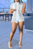 White Fashion Sexy Patchwork Hollowed Out See-through O Neck Skinny Romper