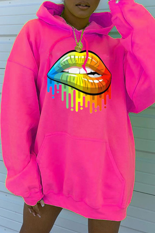 Rose Red Fashion Casual Lips Printed Basic Hooded Collar Tops
