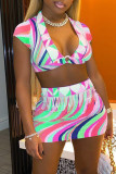 Colour Fashion Sexy Print Basic V Neck Short Sleeve Two Pieces