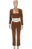 Khaki Polyester Fashion Casual adult Ma'am Patchwork Solid Two Piece Suits Straight Long Sleeve Two Pieces