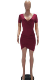 Wine Red Milk. Fashion adult Europe and America Ma'am Cap Sleeve Short Sleeves V Neck Pencil Dress Knee-Length Solid Dresses