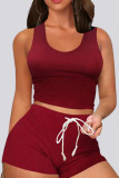 Wine Red Active Casual Patchwork Solid contrast color Skinny Sleeveless Two Pieces