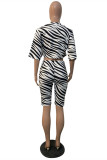 White Fashion Casual Print Basic O Neck Half Sleeve Two Pieces