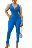 Blue Fashion Sexy Patchwork Backless Hollow Solid Sleeveless V Neck Jumpsuits