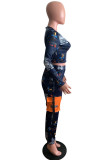 Peacock Blue Sexy Print Pocket V Neck Long Sleeve Two Pieces