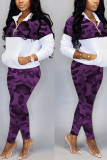 purple Casual adult Fashion Two Piece Suits Camouflage Patchwork Zippered Print Straight Long Sle