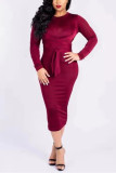 Black Fashion Casual Solid Split Joint O Neck Long Sleeve Dress