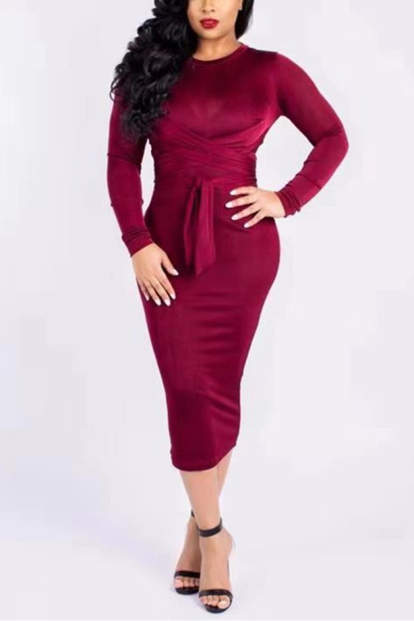 Wine Red Fashion Casual Solid Split Joint O Neck Long Sleeve Dress