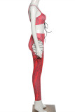 Red Fashion Sexy Print Hollowed Out Strap Design Spaghetti Strap Sleeveless Two Pieces