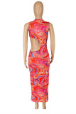 Pink Fashion Sexy Print Hollowed Out O Neck Sleeveless Dress