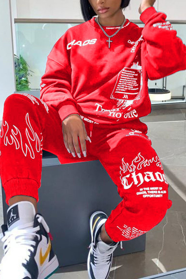 Red Fashion Casual Street Sportswear Letter Patchwork Print Patchwork Letter Pullovers O Neck Long Sleeve Two Pieces
