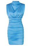 Rose Red Sexy Solid Fold Turtleneck Wrapped Skirt Dresses