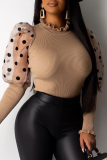 Red Sweet Patchwork Mesh Half A Turtleneck Tops