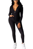 Black Fashion Casual Adult Solid Cardigan Hooded Collar Long Sleeve Regular Sleeve Regular Two Pieces