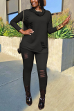 Black Casual Solid Hollowed Out Patchwork Halter Long Sleeve Two Pieces