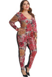 As Show Polyester Sexy O Neck Patchwork Zippered Sequin Floral Stitching Plus Size Jumpsuits