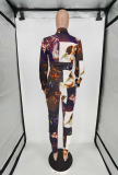 Multicolor Sexy Print Patchwork Turndown Collar Long Sleeve Two Pieces
