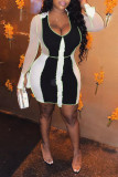 Black Fashion Sexy Patchwork Tear V Neck Long Sleeve Dresses