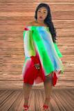 Green Fashion Sexy Off The Shoulder Long Sleeves One word collar Asymmetrical Knee-Length Striped Patchwor