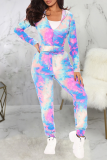 Blue Sexy Patchwork Tie-dye Hooded Collar Long Sleeve Two Pieces