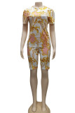 Yellow Polyester Casual Print Straight Short Sleeve Two Pieces
