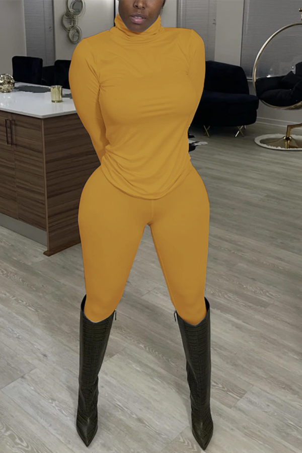 Yellow Casual Solid Patchwork Turtleneck Long Sleeve Two Pieces