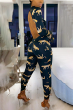 Blue Sexy Print Hollowed Out Half A Turtleneck Skinny Jumpsuits