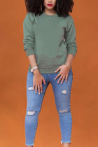 Green Polyester O Neck Long Sleeve Solid Tops