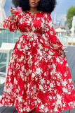 Red Vintage Polyester Knitting Print Floral Frenulum O Neck Long Sleeve Dress Plus Size