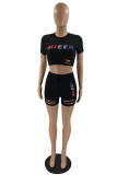 Blue Fashion Casual Letter Print Ripped O Neck Short Sleeve Two Pieces