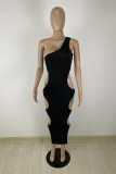 Black Fashion Sexy Solid Hollowed Out One Shoulder Sleeveless Dress