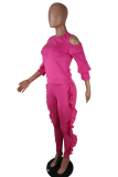 Rose Red Casual Solid Patchwork O Neck Long Sleeve Two Pieces