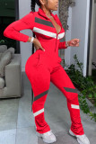 Red Fashion Casual Striped zipper Long Sleeve O Neck Jumpsuits
