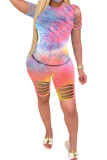 Dark Blue Polyester Fashion Sexy Print Tie Dye Burn-out Two Piece Suits pencil Short Sleeve Two Pieces