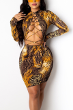 Yellow Sexy Pierced Split Joint Half A Turtleneck Sheath Dresses