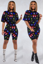 Black Polyester Fashion adult Sexy backless Print Two Piece Suits Patchwork Straight Short Sleeve Two-Pie