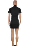Black Casual Short Sleeves Mandarin Collar Step Skirt Mini Print Patchwork chain Dresses
