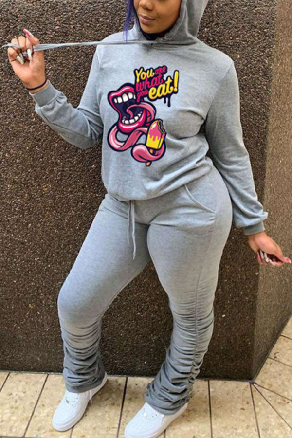 Grey Daily Print Hooded Collar Long Sleeve Two Pieces