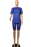 Blue venetian Fashion Casual Dot Letter Two Piece Suits pencil Short Sleeve Two Pieces