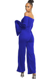 Blue Sexy Patchwork Solid Ruffled Polyester Long Sleeve one word collar Jumpsuits