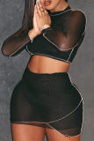 Black Sexy Patchwork See-through Half A Turtleneck Long Sleeve Two Pieces