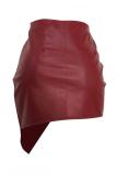 rose red PU Elastic Fly Sleeveless Mid Patchwork Asymmetrical Hip skirt shorts