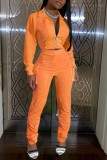 Orange Fashion Casual Blends Solid Pocket Zipper Collar Long Sleeve Regular Sleeve Short Two Pieces