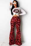 rose red Street Print Two Piece Suits Boot Cut Long Sleeve Two-piece Pants Set
