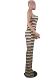 Multicolor Sexy Print Patchwork Off the Shoulder Straight Jumpsuits