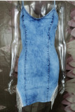 Deep Blue Fashion Sexy Solid Tassel Split Joint V Neck Sling Dress
