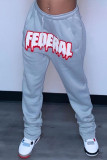 Grey Fashion Casual Letter Print Mid Waist Trousers