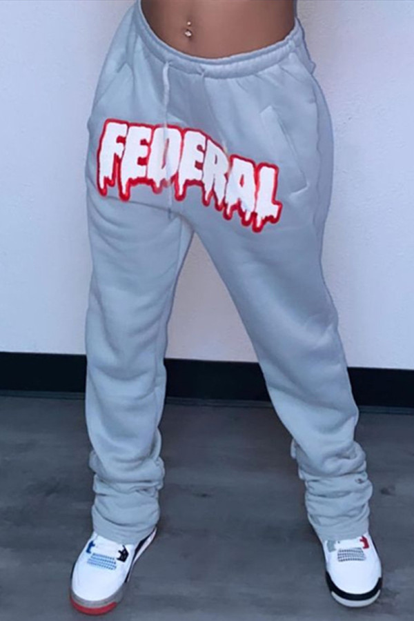 Grey Fashion Casual Letter Print Mid Waist Trousers