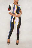 Red Fashion Striped Cotton Half Sleeve one shoulder collar Jumpsuits